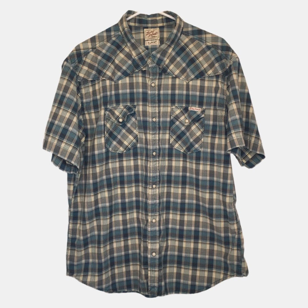 Lucky Brand Sportswear Western Short Sleeve Mens XL Blue White Plaid Soft Cotton
